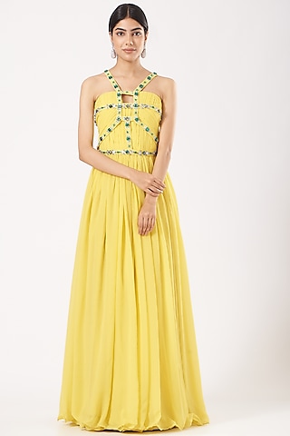 Yellow Draped & Pleated Gown by LAXMISHRIALI