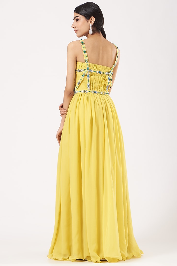 Yellow Draped & Pleated Engagement Gown by LAXMISHRIALI at Pernia's Pop Up Shop