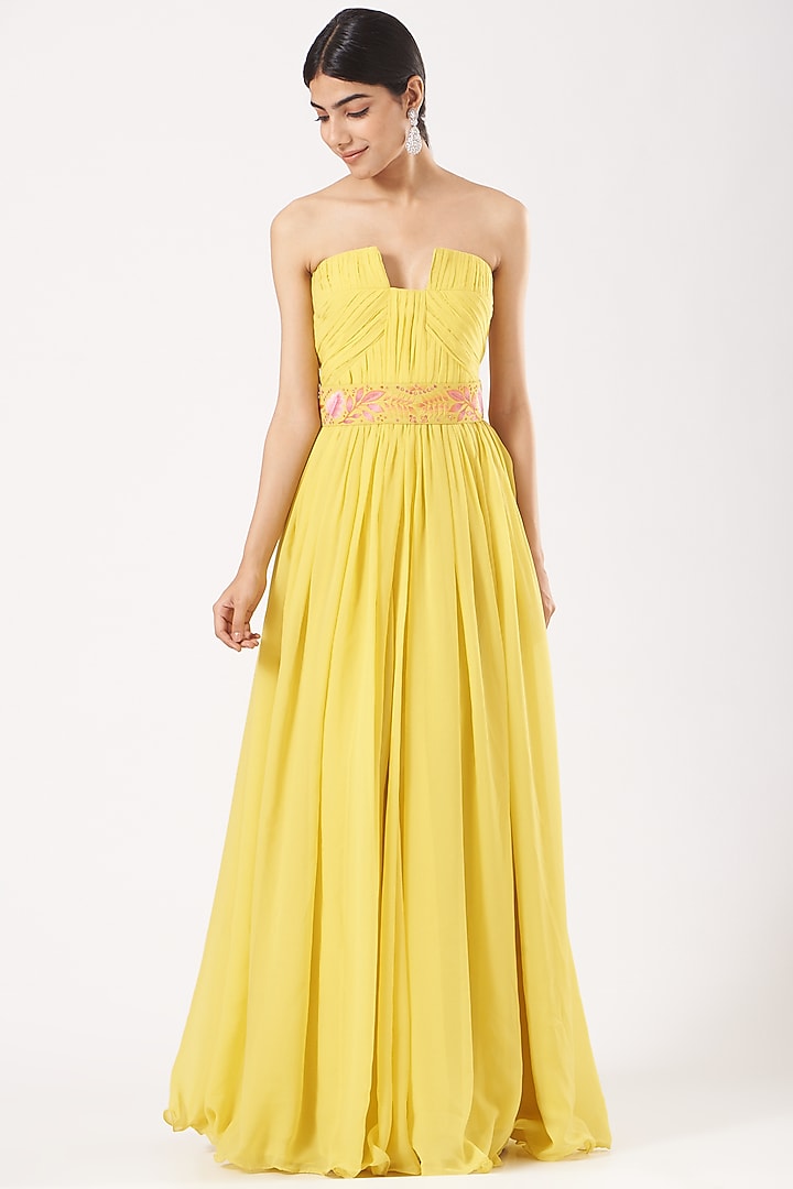 Yellow Draped & Pleated Engagement Gown by LAXMISHRIALI at Pernia's Pop Up Shop