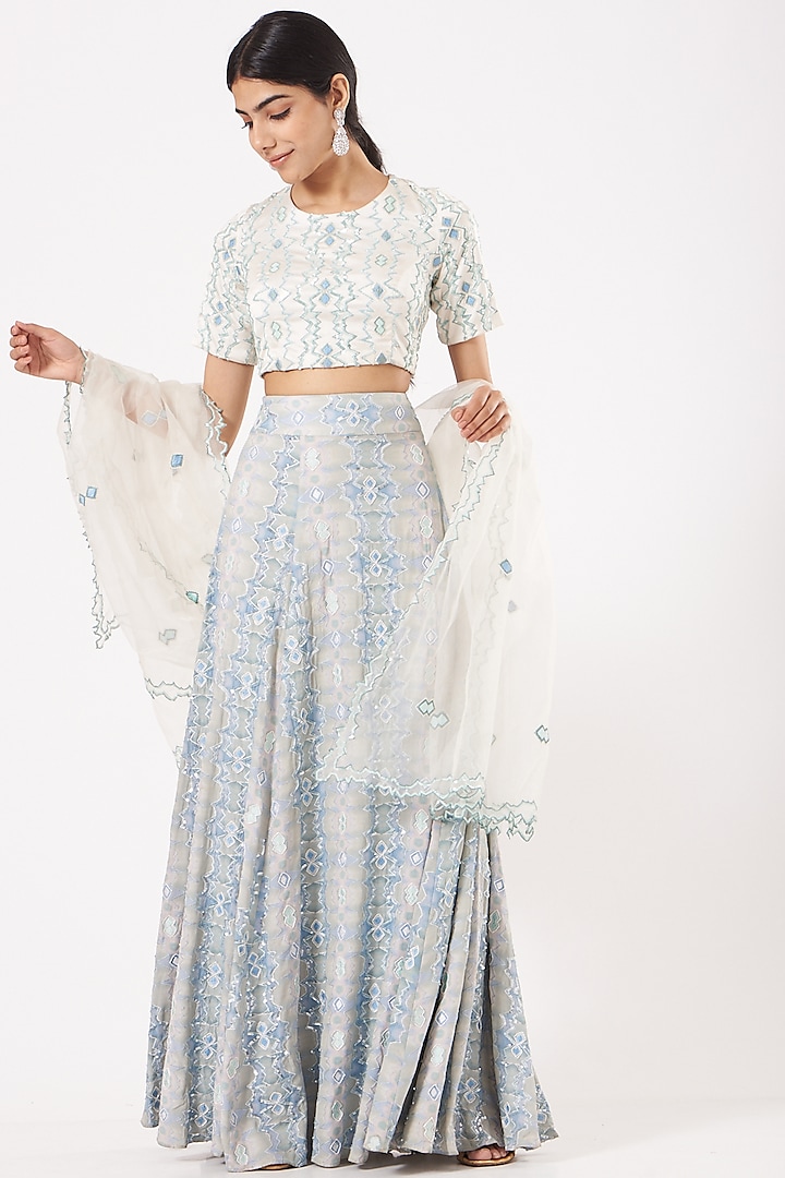 Ice Blue Embroidered & Printed Wedding Lehenga Set by LAXMISHRIALI at Pernia's Pop Up Shop