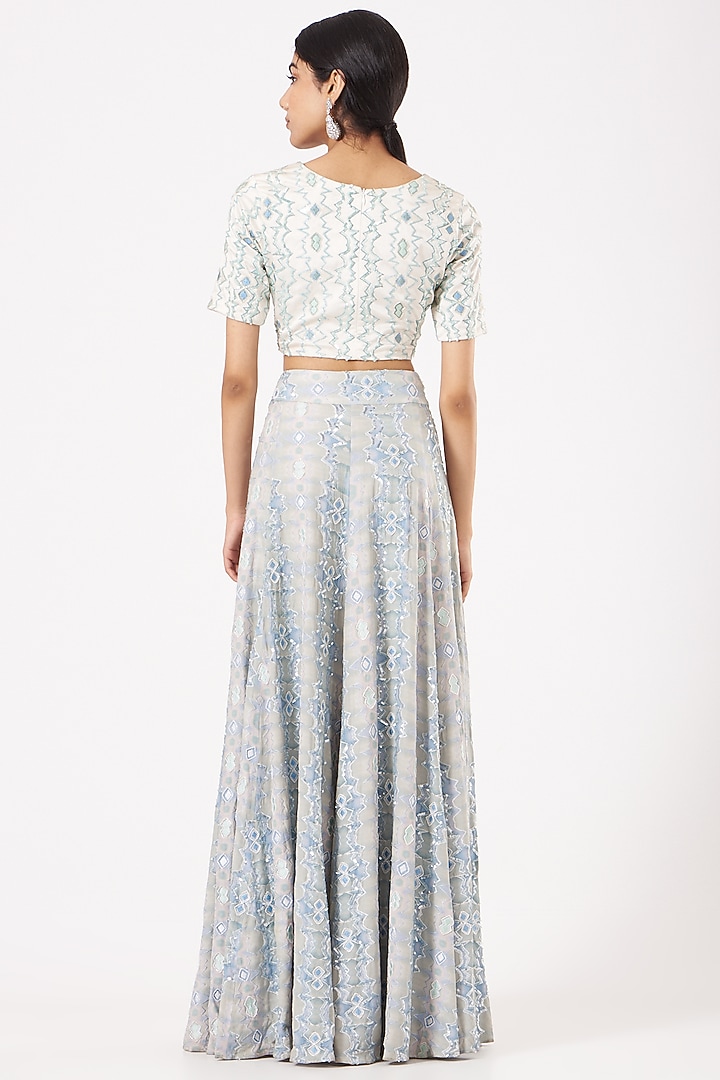 Ice Blue Embroidered & Printed Wedding Lehenga Set by LAXMISHRIALI at Pernia's Pop Up Shop