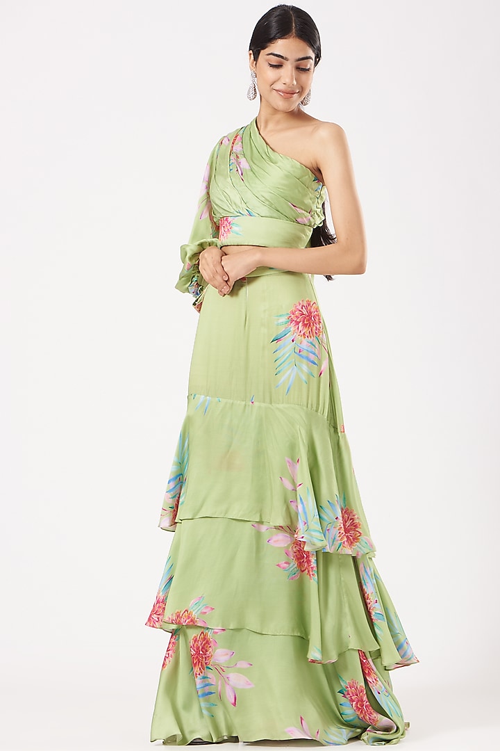 Mehendi Green Hand-Painted Skirt Set by LAXMISHRIALI