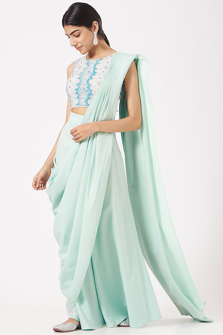 Turquoise Summer Cool Georgette Pant Saree Set by LAXMISHRIALI