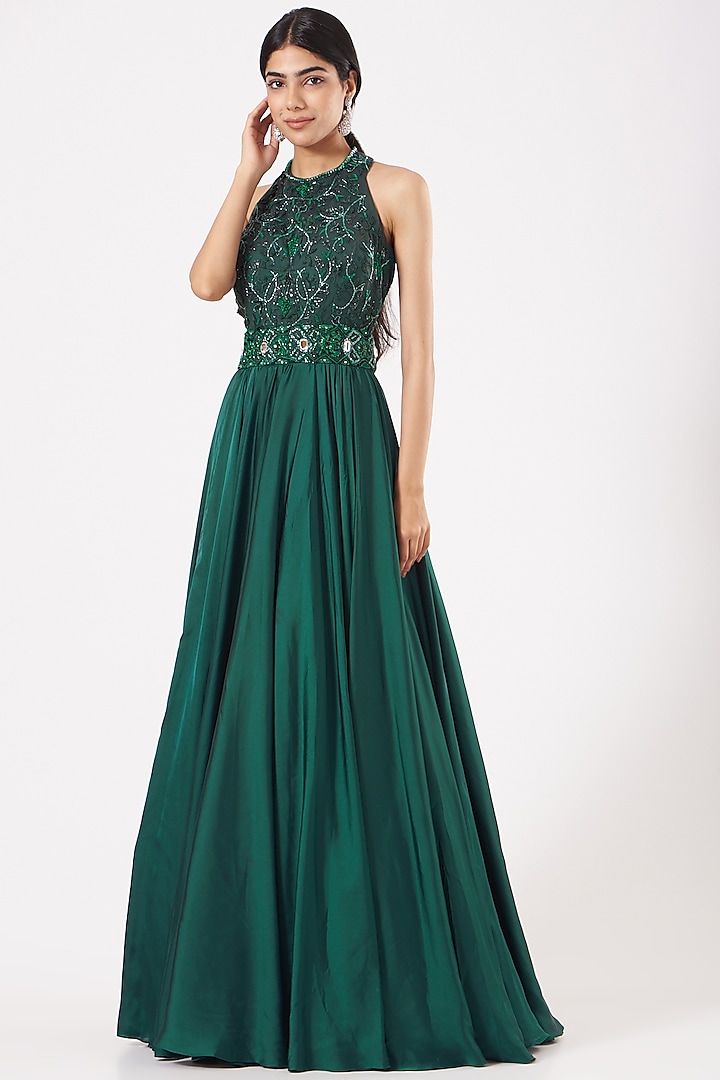 Emerald Green Hand Embroidered Gown by LAXMISHRIALI