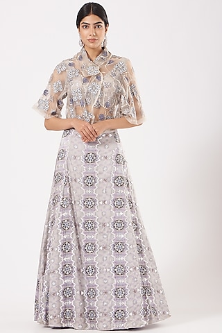 Grey Printed Jacket Lehenga Set by LAXMISHRIALI