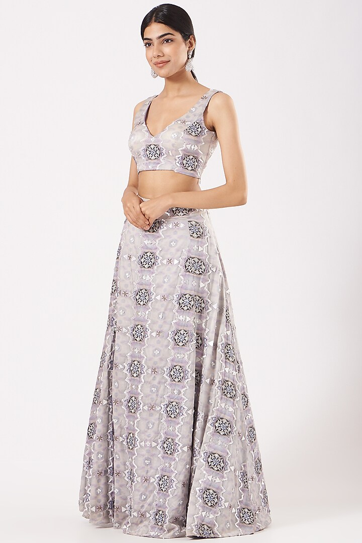 Grey Printed Jacket Lehenga Set by LAXMISHRIALI at Pernia's Pop Up Shop