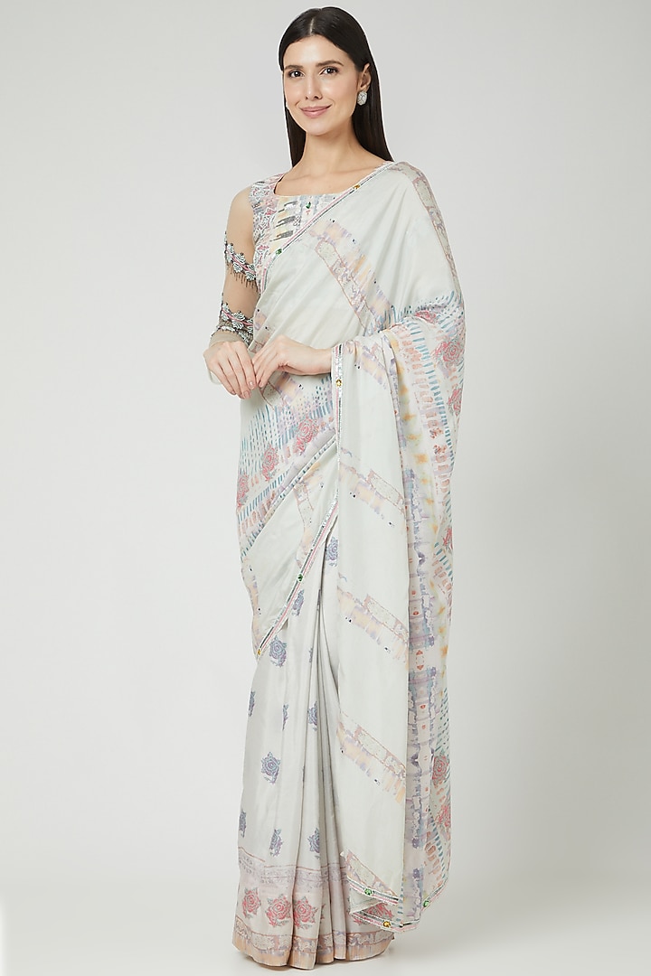 White Printed Saree Set by LAXMISHRIALI