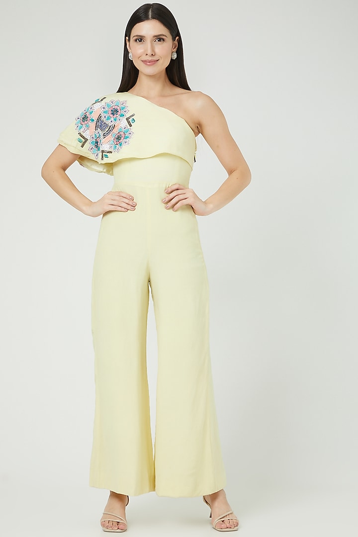 Yellow Crepe Jumpsuit by LAXMISHRIALI