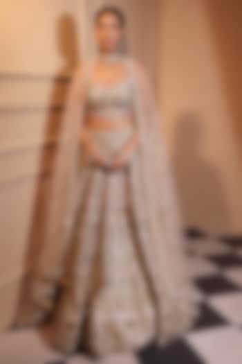 Gold Silk Tissue Embroidered Bridal Lehenga Set by LAXMISHRIALI at Pernia's Pop Up Shop