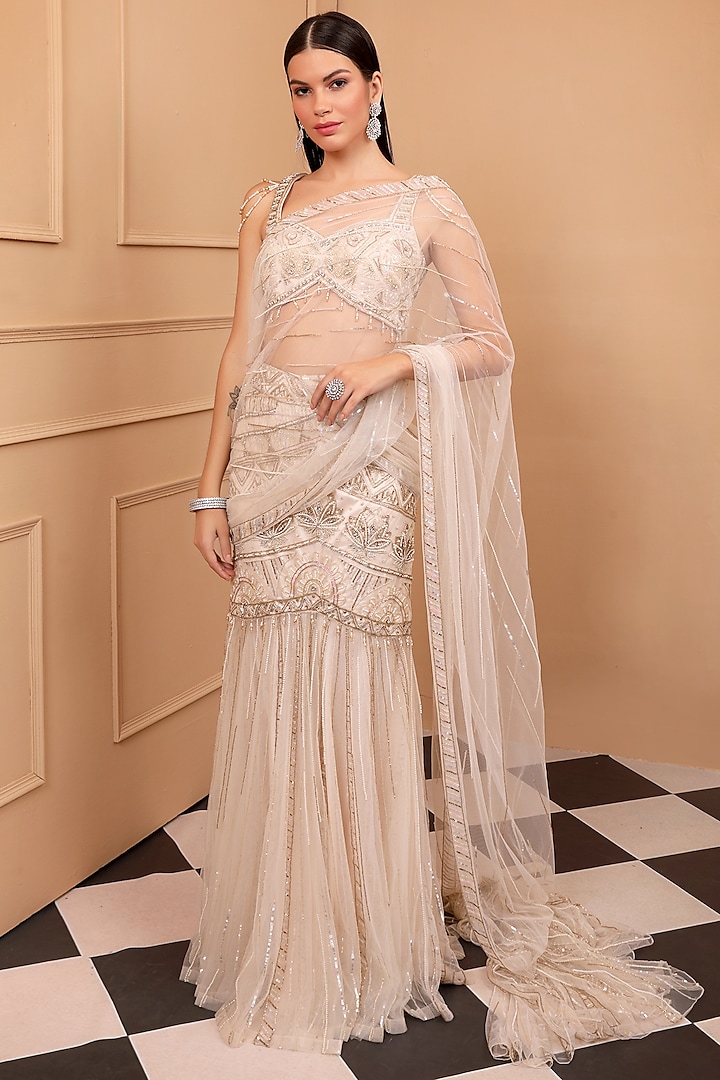 Ivory Net Embroidered Pre-Stitched Saree Set by LAXMISHRIALI at Pernia's Pop Up Shop