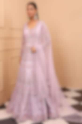 Purple Satin Organza Embellished Bridal Anarkali Set by LAXMISHRIALI at Pernia's Pop Up Shop