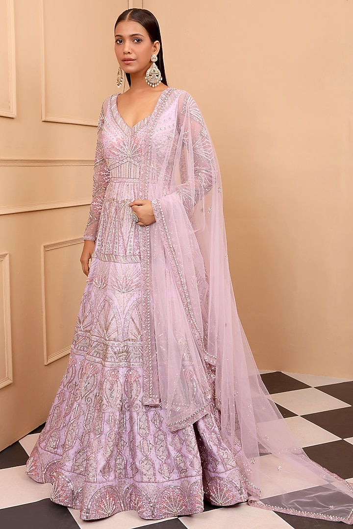 Purple Satin Organza Embellished Bridal Anarkali Set by LAXMISHRIALI at Pernia's Pop Up Shop