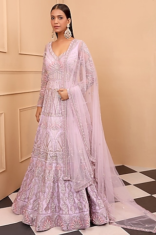Purple Satin Organza Embellished Anarkali Set by LAXMISHRIALI