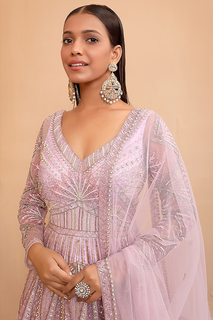 Purple Satin Organza Embellished Bridal Anarkali Set by LAXMISHRIALI at Pernia's Pop Up Shop