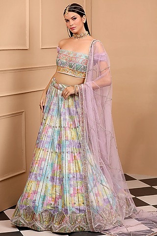 Multi-Colored Silk Embroidered & Printed Lehenga Set by LAXMISHRIALI