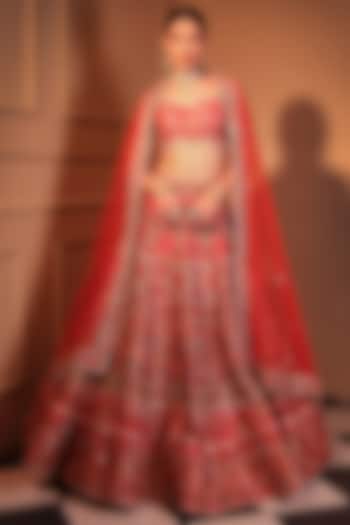 Red Silk Embroidered & Printed Lehenga Set by LAXMISHRIALI