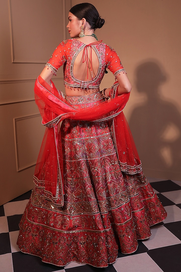 Red Silk Embroidered & Printed Bridal Lehenga Set by LAXMISHRIALI at Pernia's Pop Up Shop