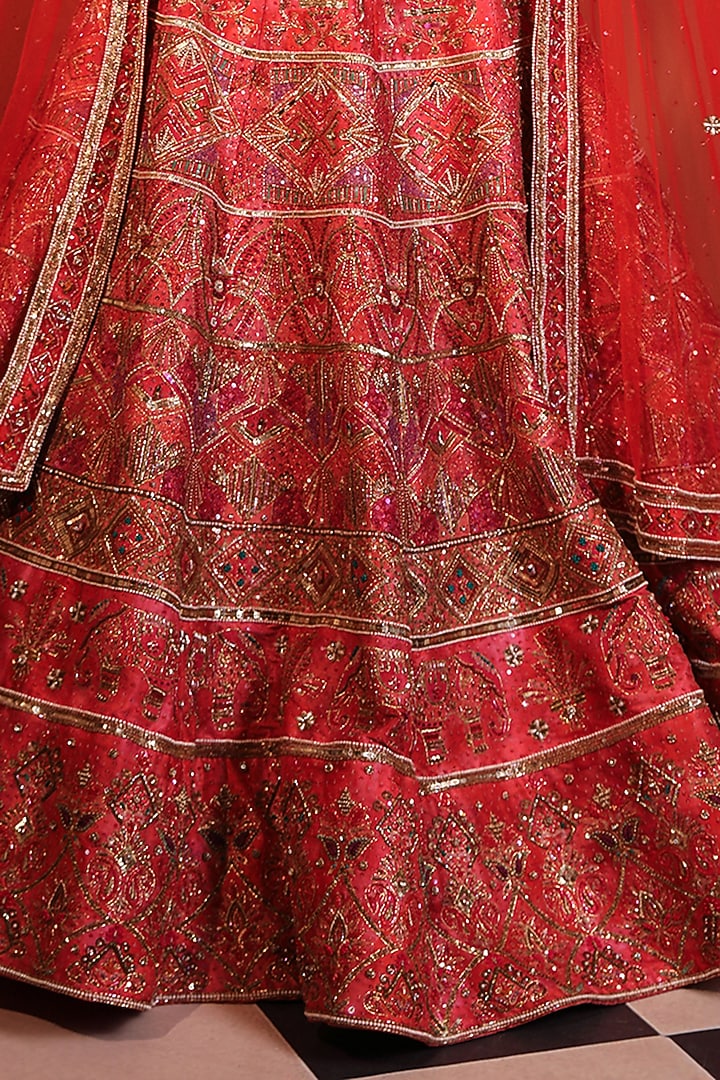 Red Silk Embroidered & Printed Bridal Lehenga Set by LAXMISHRIALI at Pernia's Pop Up Shop