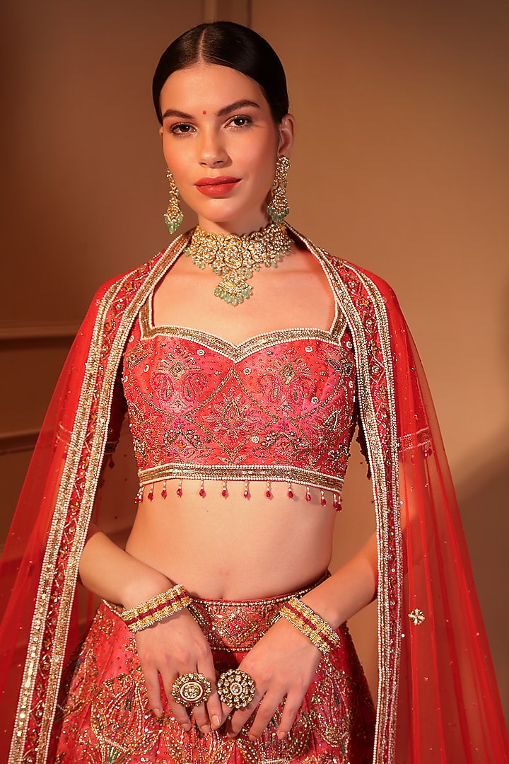 Red Silk Embroidered & Printed Bridal Lehenga Set by LAXMISHRIALI at Pernia's Pop Up Shop