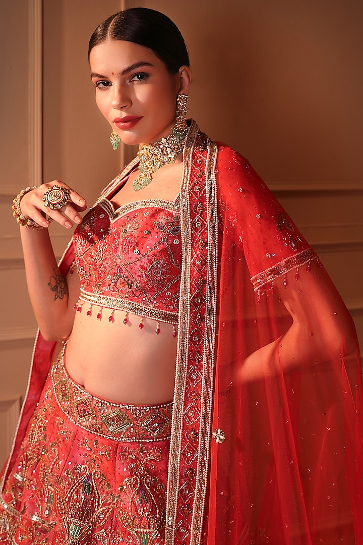 Red Silk Embroidered & Printed Bridal Lehenga Set by LAXMISHRIALI at Pernia's Pop Up Shop