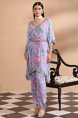 Pink & Blue Georgette Embroidered & Printed Kaftan Set by LAXMISHRIALI