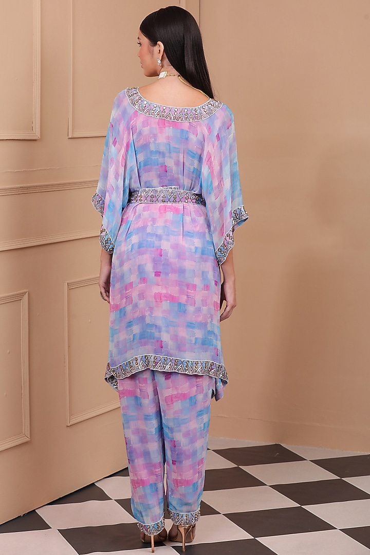 Pink & Blue Georgette Embroidered & Printed Kaftan Set by LAXMISHRIALI at Pernia's Pop Up Shop
