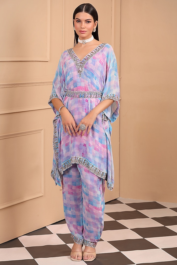 Pink & Blue Georgette Embroidered & Printed Kaftan Set by LAXMISHRIALI at Pernia's Pop Up Shop