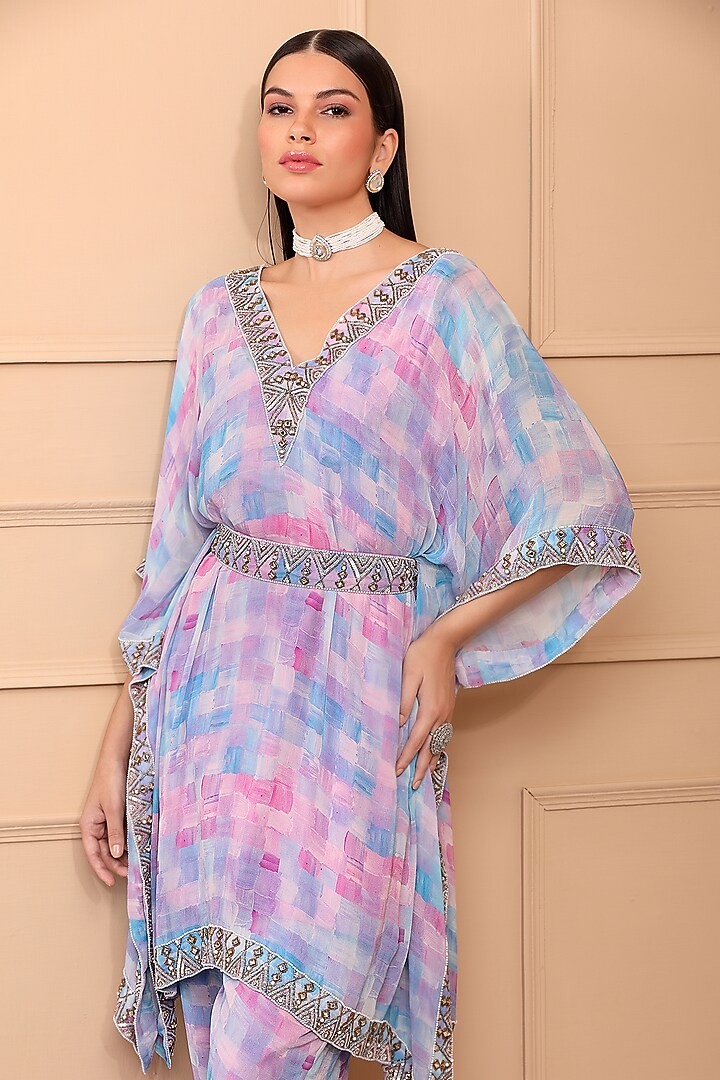 Pink & Blue Georgette Embroidered & Printed Kaftan Set by LAXMISHRIALI at Pernia's Pop Up Shop