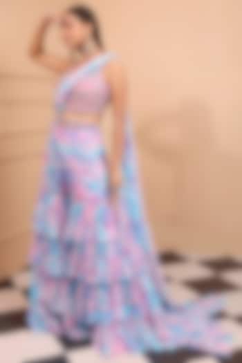 Pink & Blue Georgette Printed Sharara Saree Set by LAXMISHRIALI
