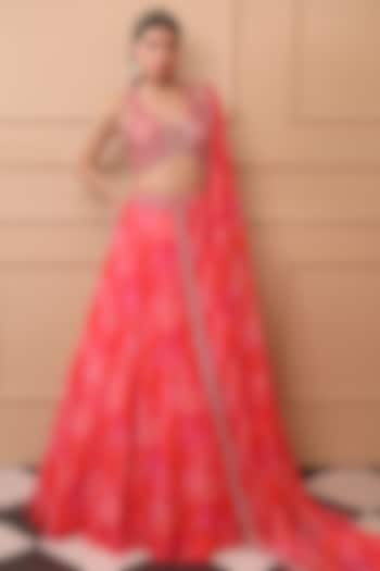 Coral Georgette Embroidered & Printed Lehenga Set by LAXMISHRIALI