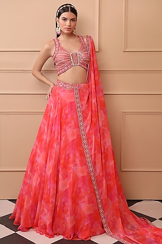 Coral Georgette Embroidered & Printed Lehenga Set by LAXMISHRIALI