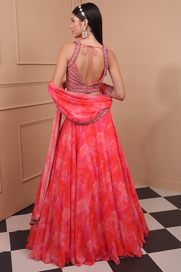 Coral Georgette Embroidered & Printed Wedding Lehenga Set by LAXMISHRIALI at Pernia's Pop Up Shop