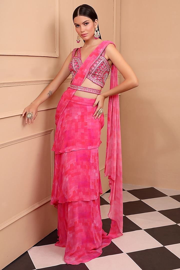 Pink Georgette Printed Pre-Stitched Ruffled Saree Set by LAXMISHRIALI