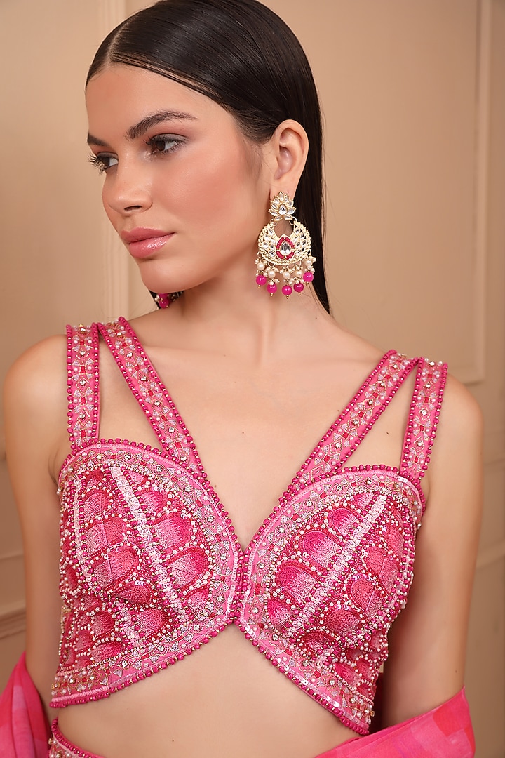 Pink Georgette Printed Pre-Stitched Ruffled Wedding Saree Set by LAXMISHRIALI at Pernia's Pop Up Shop