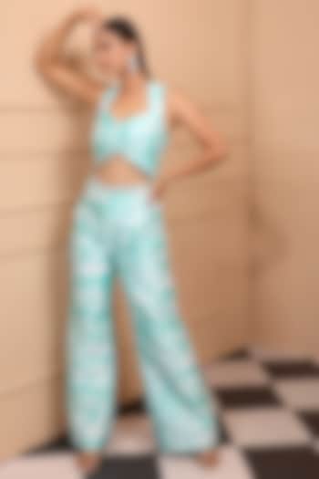 Light Blue Silk Dupion Printed Cut-Out Jumpsuit by LAXMISHRIALI