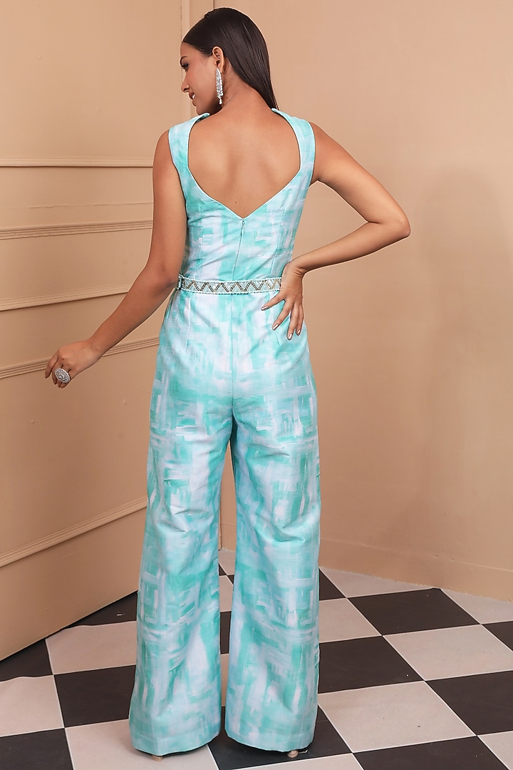 Light Blue Silk Dupion Printed Cut-Out Jumpsuit by LAXMISHRIALI at Pernia's Pop Up Shop