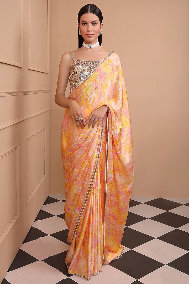 Yellow Silk Satin Printed Saree Set by LAXMISHRIALI