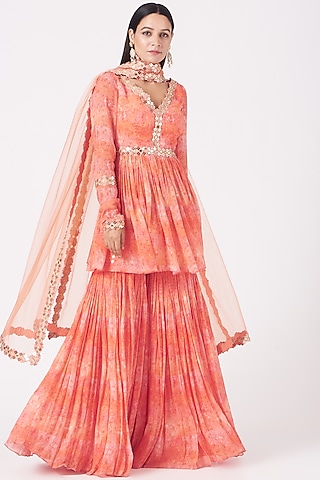 Coral Orange Digital Printed Sharara Set by LAXMISHRIALI