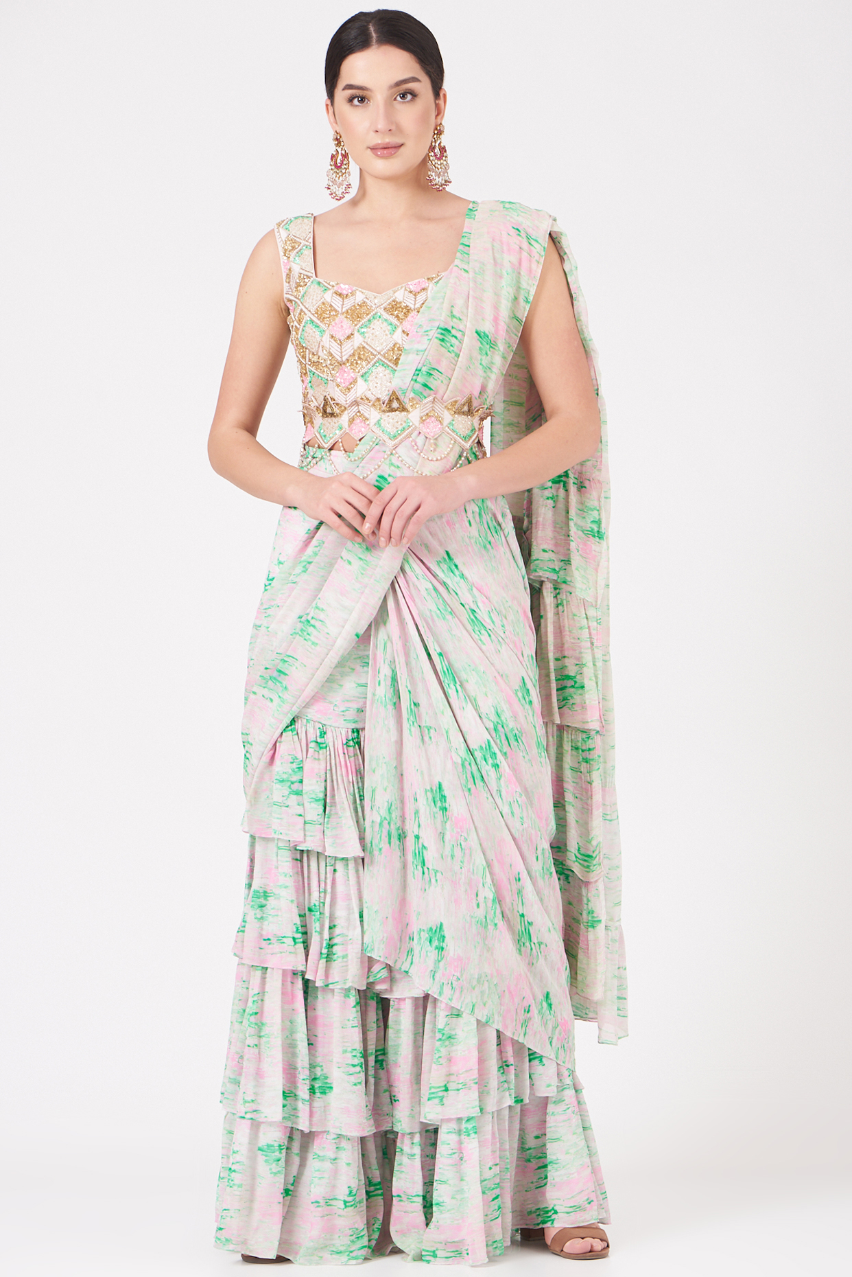 Mint Green Georgette Digital Printed Draped Sharara Saree Set by LAXMISHRIALI