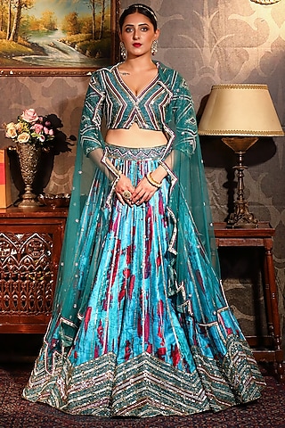 Teal Printed Lehenga Set by LAXMISHRIALI