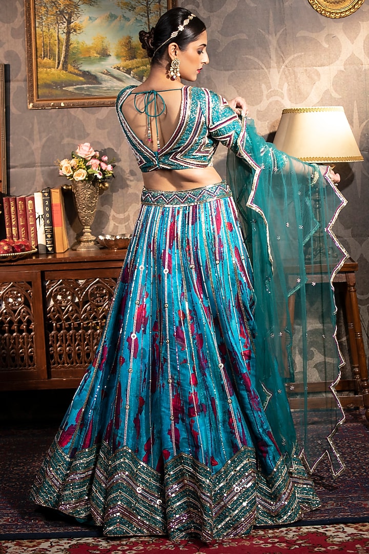 Teal Printed Wedding Lehenga Set by LAXMISHRIALI at Pernia's Pop Up Shop