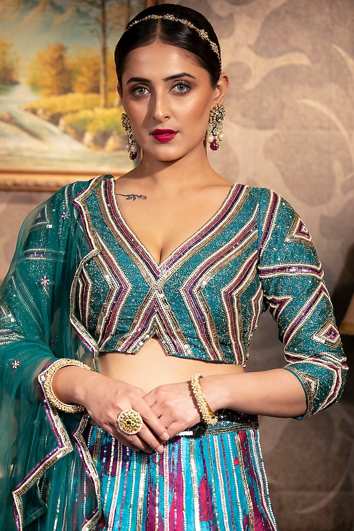 Teal Printed Wedding Lehenga Set by LAXMISHRIALI at Pernia's Pop Up Shop