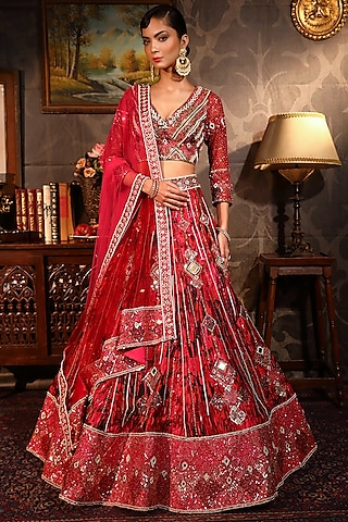 Maroon Embroidered Net Bridal Lehenga Choli