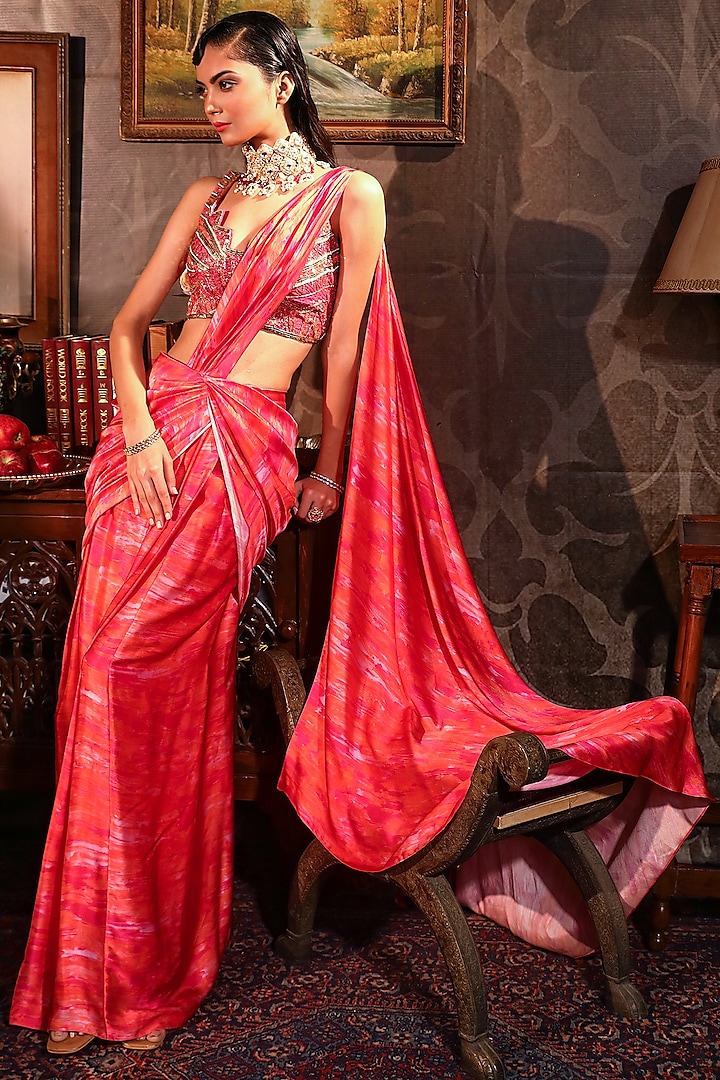 Coral Silk Satin Digital Printed Pre-Draped Saree Set by LAXMISHRIALI
