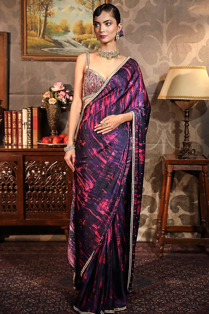 Violet Silk Satin Digital Printed Saree Set by LAXMISHRIALI