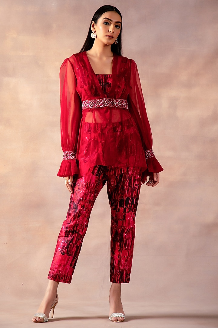Red Organza Sequins Embroidered Sheer Jacket Set by LAXMISHRIALI