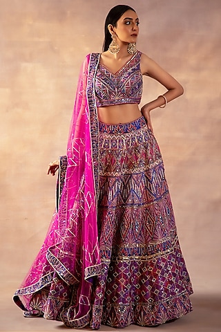 Purple & Pink Silk Digital Printed Lehenga Set by LAXMISHRIALI