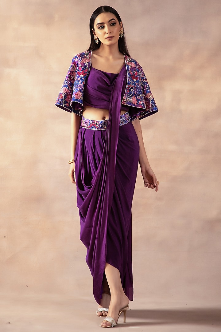 Violet Crepe Embroidered Pre-Stitched Jacket Saree Set by LAXMISHRIALI