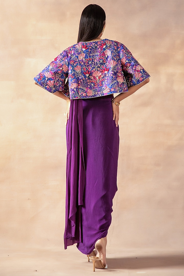 Violet Crepe Embroidered Pre-Stitched Jacket Party Wear Saree Set by LAXMISHRIALI at Pernia's Pop Up Shop