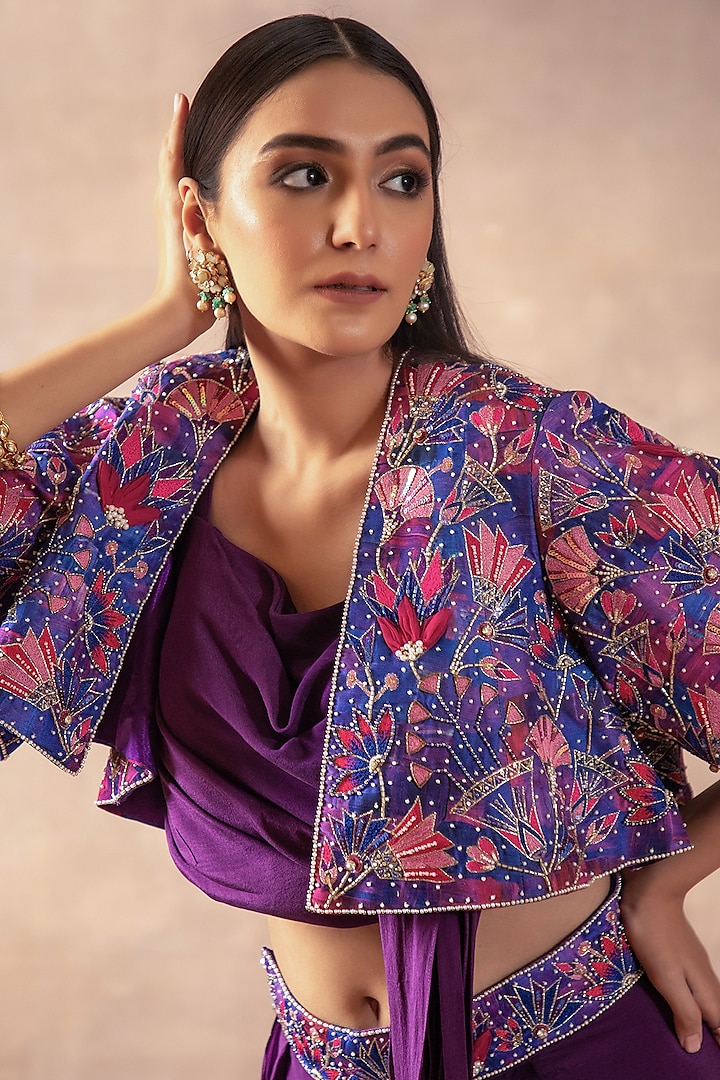 Violet Crepe Embroidered Pre-Stitched Jacket Party Wear Saree Set by LAXMISHRIALI at Pernia's Pop Up Shop
